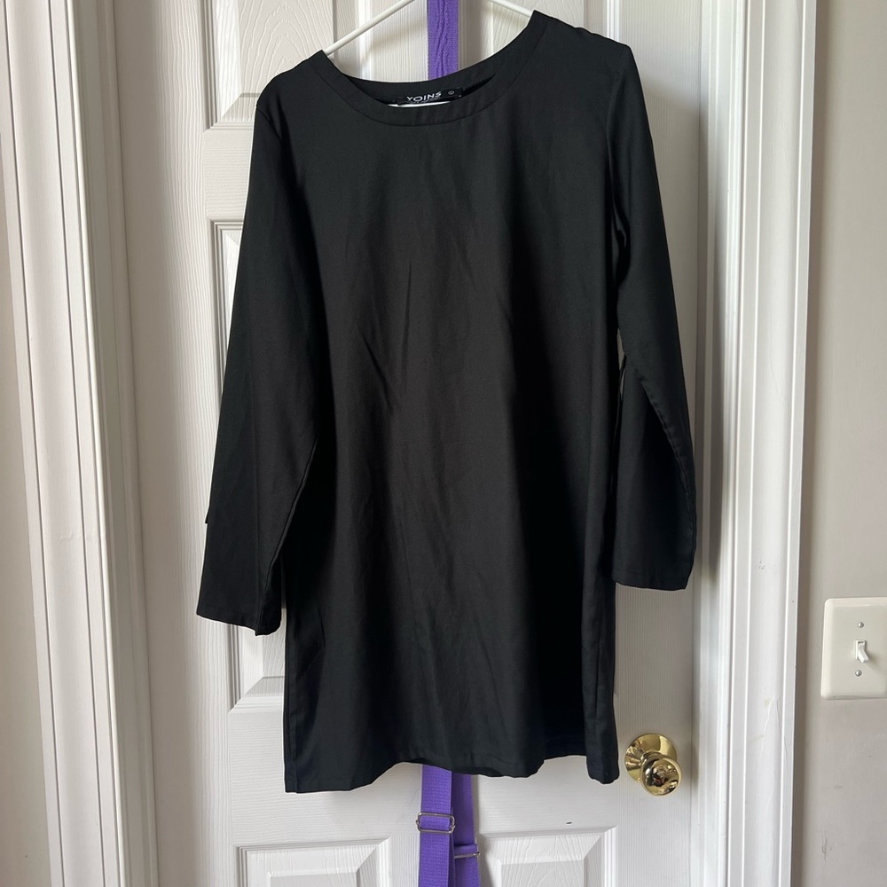 YOINS Black Crewneck Long Sleeve Shift Dress